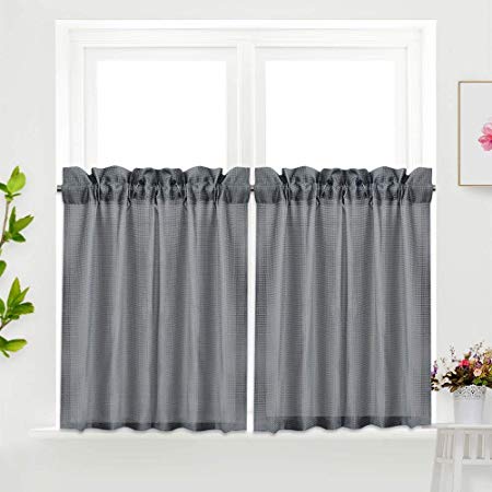 IDEALHOUSE Grey Tier Curtains,Waffle Woven Textured Short Window Curtain for Cafe,Bathroom,Kitchen & Kids Bedroom Rod Pocket Curtains (2 Panels, 30Inch Wide by 24Inch Long)