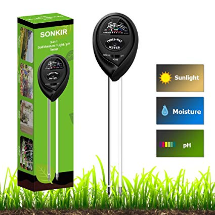 Sonkir Soil Tester, MS03 3-in-1 Plant Moisture Sensor Meter/Light/pH Tester Gardening Tool Kits for Plant Care, Great for Garden, Lawn, Farm, Indoor & Outdoor Use (Black)