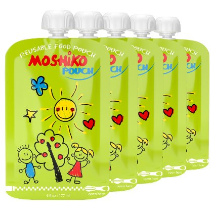 Reusable Food Pouch by Moshiko - Large 6oz. capacity (5-Pack) Perfect for Homemade, Wholesome, and Organic Baby Food - Suitable for Babies,Toddlers and Kids of All Ages - Refillable, Double Zipper, Easy to Clean, Freezable, BPA Free