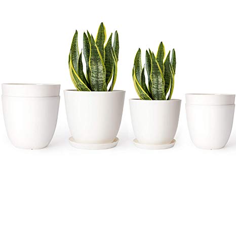 Mkono 5.5 and 6.5 Inch Plastic Planters Indoor Set of 6 Flower Plant Pots Modern Decorative Gardening Pot with Drainage and Tray for All House Plants, Flowers, Herbs, and Seeding Nursery, Cream White