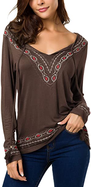 Women's Long Sleeve Boho Tops Tie Neck Embroidered Detail