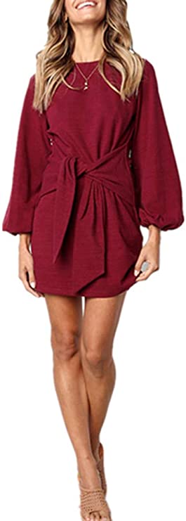 Xuan2Xuan3 Women's Knit Pullover Sweatshirt Dress Knot Front Long Sleeve Casual Bodycon Mini Dress