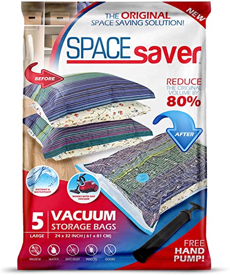 SpaceSaver Premium Large Vacuum Storage Bags (Works with Any Vacuum Cleaner + Free Hand-Pump for Travel!) Double-Zip Seal and Triple Seal Turbo-Valve for 80% More Compression! (5 Pack)