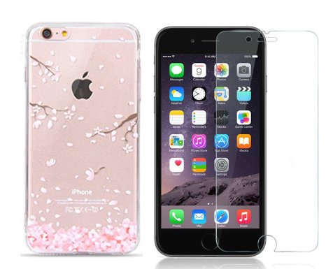 iPhone 6 Case, Sophia Shop iPhone 6S TPU Case Slim Thin Flexible Soft Anti-Scratch Anti-fingerprint & 0.3mm 9H Bubble Free Tempered Glass Screen Protector - Sakura