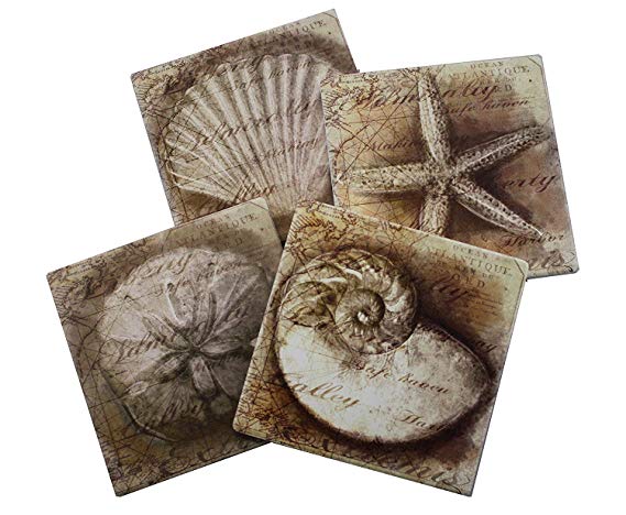 Nautical Ocean Beach Coaster Set of 4 | Assorted Seaside Ceramic Coaster with Cork Backing | Starfish Seashell Sand Dollar and Snail Shell