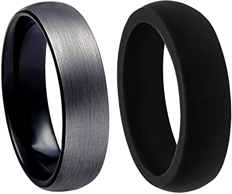 PAVOI Tungsten Rings for Men Wedding Engagement Band Brushed Black 6mm and 8mm Size 6-14 with Free Silicone Band