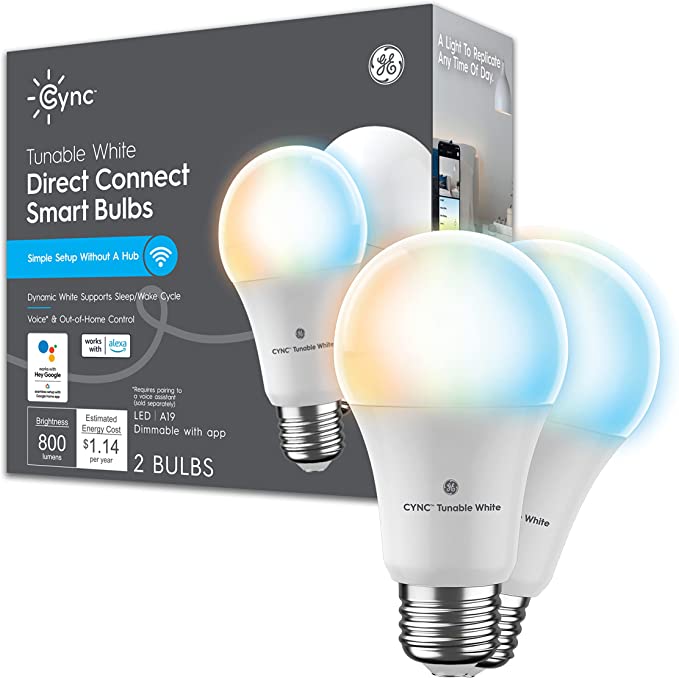 GE CYNC Smart LED Light Bulbs, Tunable White, Bluetooth and Wi-Fi Lights, Works with Alexa and Google Home, A19 Light Bulbs (2 Pack)