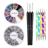 High Quality Professional Nail Art Set Kit With Pack of Silver Gems Rhinestones Crystals Premium Manicure 12 Colors Gemstones Wheel Fine Detail Wooden Nailart Brushes and Double Ended Dotting Marbling Tools By VAGA