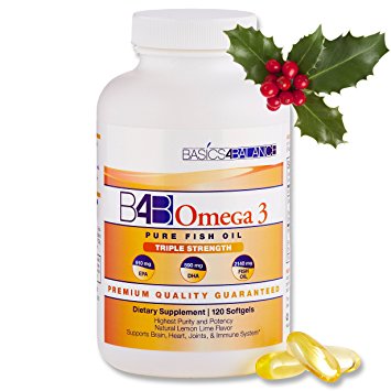 B4B Omega 3 Fish Oil Pills Triple Strength (over 2000 mg essential DHA and EPA fatty acids) 120 lemon flavored softgels