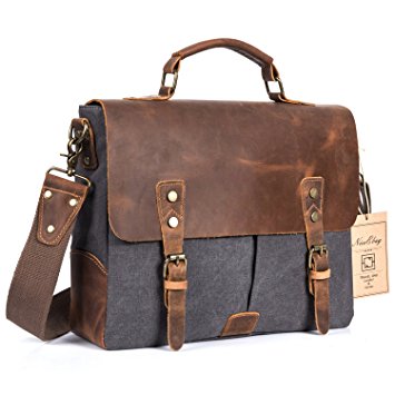 NiceEbag Messenger Bag for Men and Women,Leather Satchel Bag Vintage Canvas Laptop Shoulder Bag Briefcase for Everday Use Fits Up 15.6 Inch Laptop (Dark Grey)