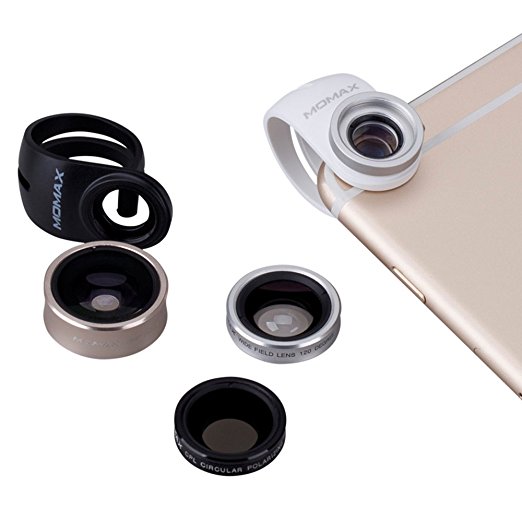 MOMAX 4 in 1 Camera Lens kit, Universal Clip On 15x Macro Lens   Wide Angle Lens   Fish Eye Lens and CPL Filter for iphone, Samsung, Huawei& Most Smartphone(Mixed color)