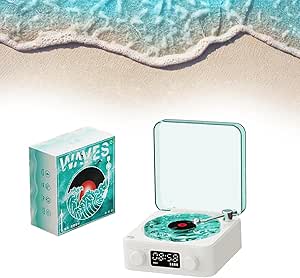 The Waves Vinyl Player, Waves Vinyl Bluetooth Speaker, 2024 New Portable Vintage Vinyl Speaker with Adjustable Light and Time for Bedroom, Party, White