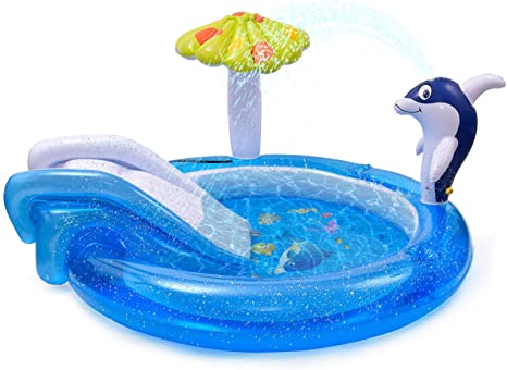 Inflatable Play Center Kids Pool with Slide, Baby Pool | Inflatable Sliding Pool ,Inflatable Swimming Pool with Dolphin Spray Water, Kiddie Pool Game Toy-75 inch