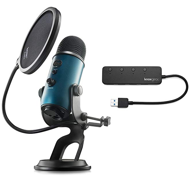 Blue Microphones Yeti Teal USB Microphone with Knox Gear USB Hub and Knox Pop Filter (3 Items)