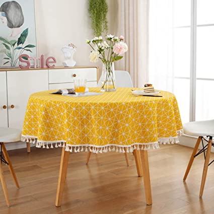 Round Tablecloth, Stripe Cotton Line Tassel Table Cover Nordic Twill Tablecloth Washable Dining Decorative for Holiday Home Christmas Party Picnic Camping