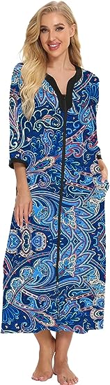 Bloggerlove House Dresses for Womens Robe Long Zip Up House Coat Half Sleeve Night Gowns Comfy Sleepwear Print Loungewear