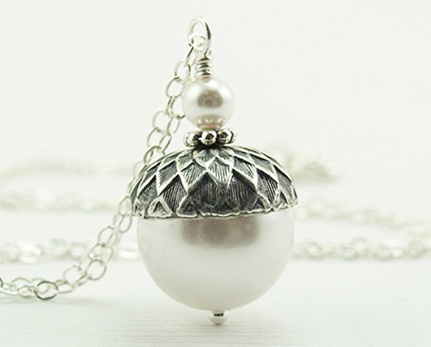 Acorn Necklace Sterling Silver Chain White Swarovski Crystal Simulated Pearl Necklace 17 inches