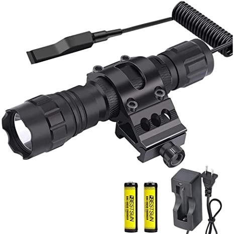 BESTSUN Tactical Flashlight, 1300 Lumen Matte Black LED Weapon Light with Picatinny Mount Single Mode Waterproof LED Flashlight Included Pressure Switch, Rechargeable Batteries for Hiking