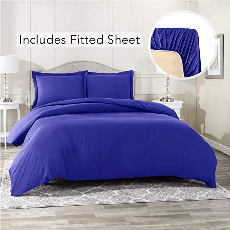 Nestl Bedding Duvet Cover with Fitted Sheet 4 Piece Set - Soft Double Brushed Microfiber Hotel Collection - Comforter Cover with Button Closure, Fitted Sheet, 2 Pillow Shams, King - Royal Blue