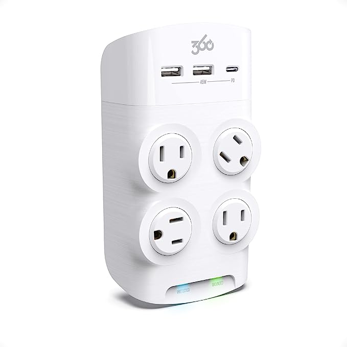 360 Electrical Revolve Wall Tap Power Surge Protector with 2 USB Ports, 1 USB C Port, 4 45 W Rotating Outlets, Multi Plug Outlet Splitter, Adapter for Electric Wall Outlet, Swivel Outlets Fit 4 Plugs