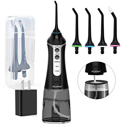 Cordless Water Flosser Teeth Cleaner, Nicefeel 300ML Cleanable Water Tank Water Jet Pik Rechargeable 3 Modes Oral Irrigator with tip case for Oral Care
