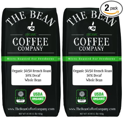 The Bean Coffee Company Organic 50/50 French Roast, 50% Decaf, Whole Bean, 16-Ounce Bags (Pack of 2)