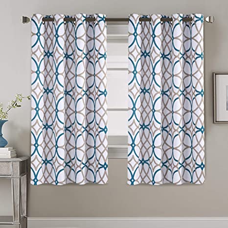 Thermal Insulated Room Darkening Curtains for Living Room Blackout Window Treatment Grommet Panels for Bedroom/Dining Room, Teal and Taupe Geo Pattern - 2 Panels - 52 by 63 inch Each Panel