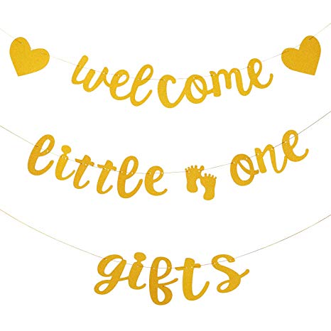 Welcome Little One Gifts Banner Hanging Gold Glitter Banner with String for Baby Shower Gender Reveal Birthday Party Decoration Supplies