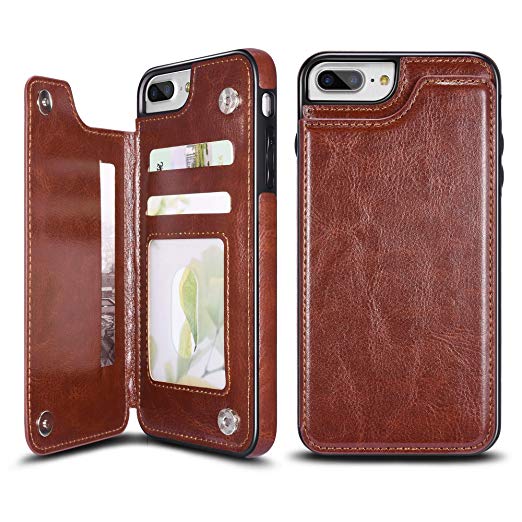 UEEBAI Case for iPhone 6 6S, Luxury PU Leather Case with [Two Magnetic Clasp] [Card Slots] Stand Function Durable Shockproof Soft TPU Case Back Wallet Flip Cover for iPhone 6/6S - Brown