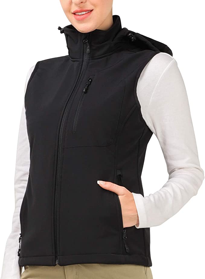 MIER Women's Softshell Vest with Detachable Hood for Outdoor, Travel, Work, 8 Pockets, Lightweight and Windproof, Black