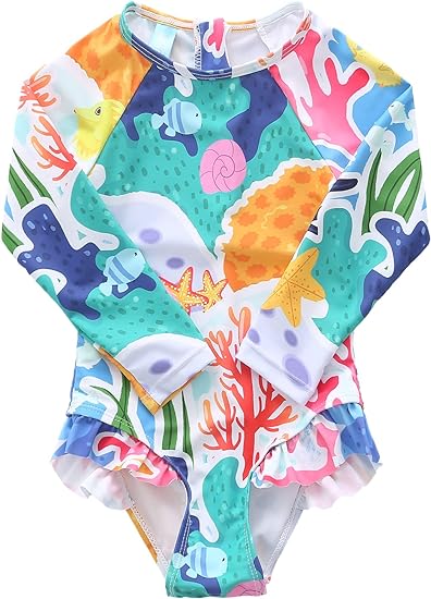 Baby Girls One Piece Swimsuits Long Sleeve Rash Guard Swimshirts Kids Sun Protection Bathing Suits