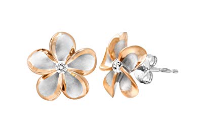Sterling Silver with 14k Rose Gold Plated Trim CZ Plumeria Stud Earrings, 12mm
