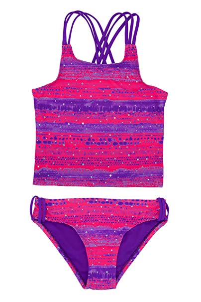 LAGUNA Girls Tropical Tie Dye Floral Mesh Ruffle Sport Two-Piece or One Piece Bathing Suit, UPF 50
