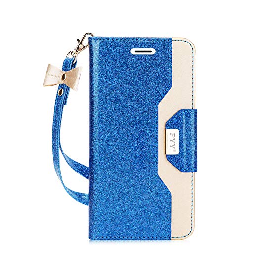 FYY Leather Case with Mirror for Galaxy S7 Edge, Leather Wallet Flip Folio Case with Mirror and Wrist Strap for Galaxy S7 Edge Blue