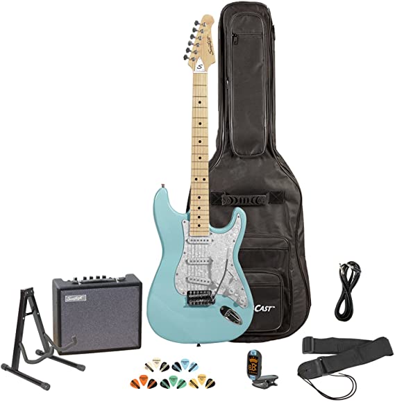 Sawtooth Daphne Blue Electric Guitar w/Pearl White Pickguard - Includes: Accessories, Amp, Gig Bag & Lesson