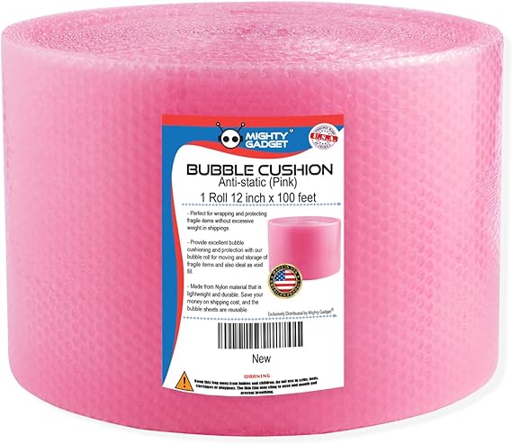 Mighty Gadget 100 ft Anti-static Small Bubble Perforated Every 12” Cushioning Wrap for Moving & Shipping Bubble Packing Wrap for Extra Protection Clear Bubble Roll Moving Supplies (Pink)