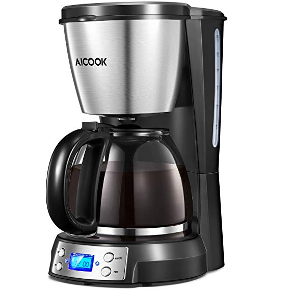 Coffee Maker, Aicook Filter Coffee Machine, 12 Cup Programmable Coffee Makers with Timer, Keep Warm & Auto-off Function, Anti-Drip System, Permanent Reusable Filter, 1.5 L, Black and Silver