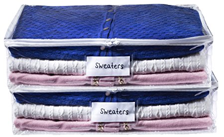 Clear Sweater Storage Bag - 2 PACK - Durable Vinyl Material to Shield your Sweaters from Dust, Dirt and Moisture. Easy Gliding Zipper for Easy Access and Label Pocket for Easy Identification.