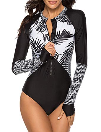 SELINK Women's Long Sleeve Rash Guard UV Protection Zipper Printed Surfing One Piece Swimsuit Bathing Suit