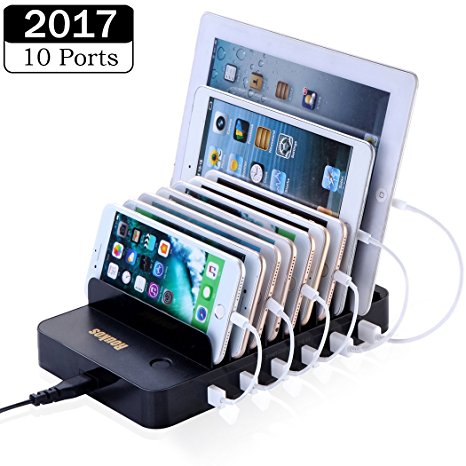 Charging Station, Roukos 60W 10 Port USB Smart Charger Dock with 4PCS Build-in Retractable Charging Cable for iPhone,iPad,iWatch,Android&Windows Smart Phone,Tablet,Kindle,Echo Dot and More - Black