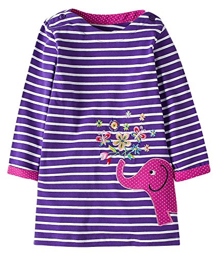 Fiream Girls Cotton Longsleeve Casual Dresses Striped Applique Cartoon