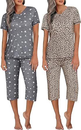 Ekouaer 2 Pack Women's Sleepwear Capri Pajama Sets Short Sleeve Two-Piece Pjs V Neck Tops & Capri Pants with Pockets S-3XL