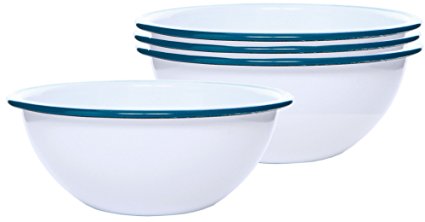 Enamelware Set of 4 - Cereal Bowls - Solid White with Turquoise Rim