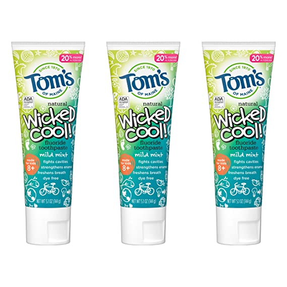 Tom's of Maine Natural Fluoride Wicked Cool Children's Toothpaste, Natural Toothpaste, Kids Toothpaste, Mild Mint, 5.1 Ounce, Pack of 3