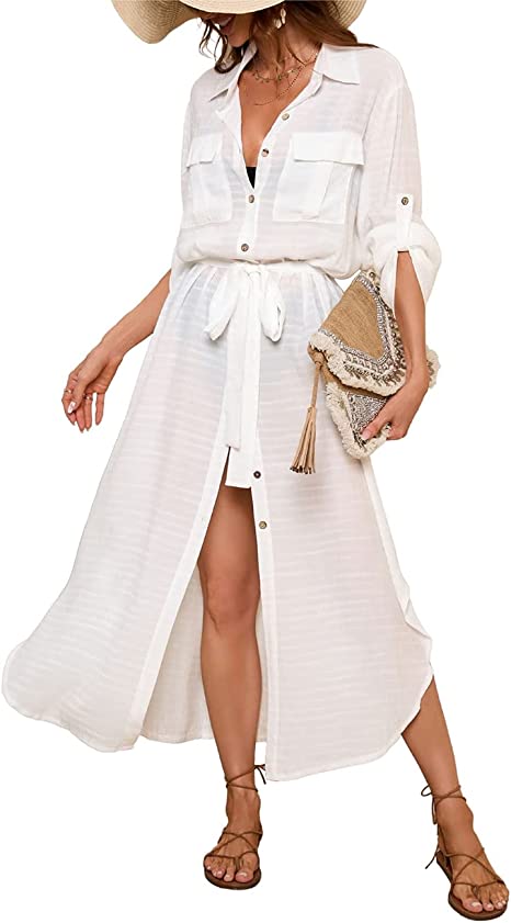 Bsubseach Women Long Swimsuit Cover Up Button Down Shirt Dress Beach Cover Up with Drawstring