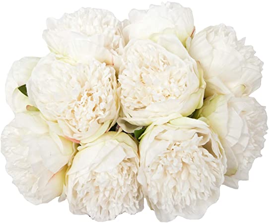 U'Artlines 2 Bouquet 10Heads Artificial Peony Silk Flower Leaf Home Office Wedding Party Festival Bar Decor (White)