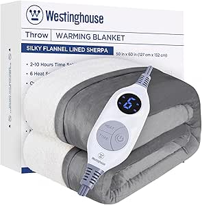 Westinghouse Heated Throw Blanket, Soft Flannel to Sherpa Electric Throw with 6 Heating Levels, 2-10 Hours Time Settings, Fast Heating, Machine Washable 50x60 Inch, Light Grey