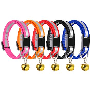 Pangda Reflective Breakaway Pet Collar with Bell for Cat Dog Puppy Kitten, Collar Adjustable Length 6-10 Inches, 5 Colors, 5 Pieces