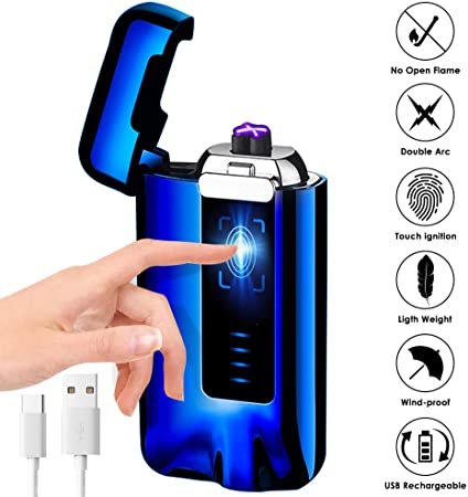 KIMILAR USB Electric Lighter, Rechargeable Windproof Flameless Lighter Touch Sensor Dual Arc Lighter with Power Indicator and USB Cable for Cigarette Candles (Gift Box Packaging)