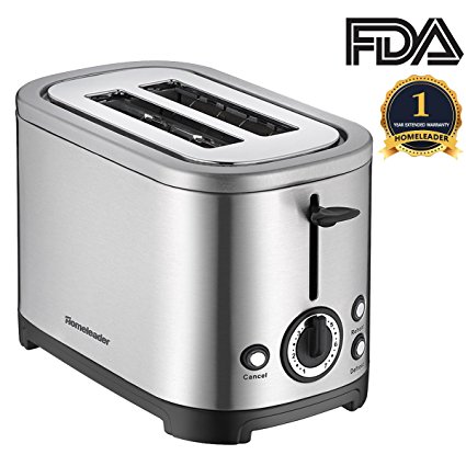 Homeleader 2-Slice Toaster, Stainless Steel Toaster Oven with Removable Crumb Tray, Defrost/Reheat/Cancel Function, 7 Setting Shade Selectors, Extra-Wide Slots, 700W, Silver